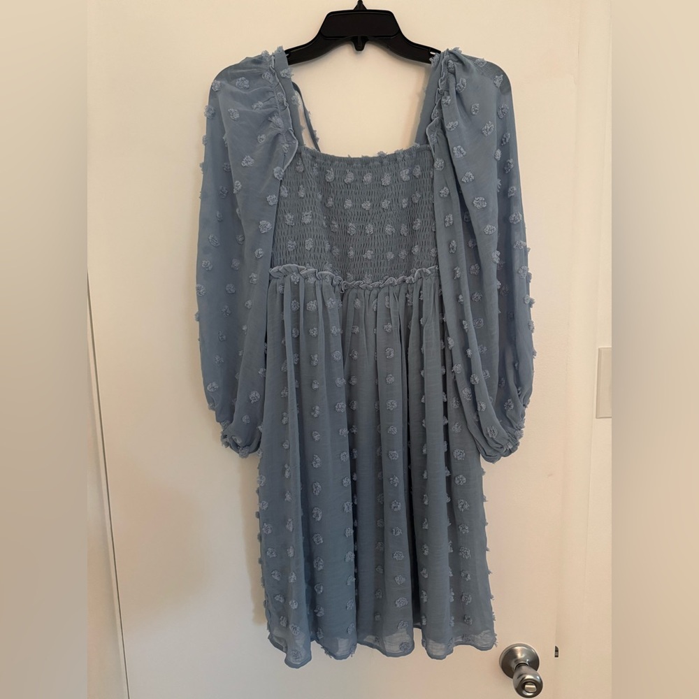 Pinkblush Light Blue Textured Dot Smocked Square Neck Mini Dress, M - Picture 2 of 3